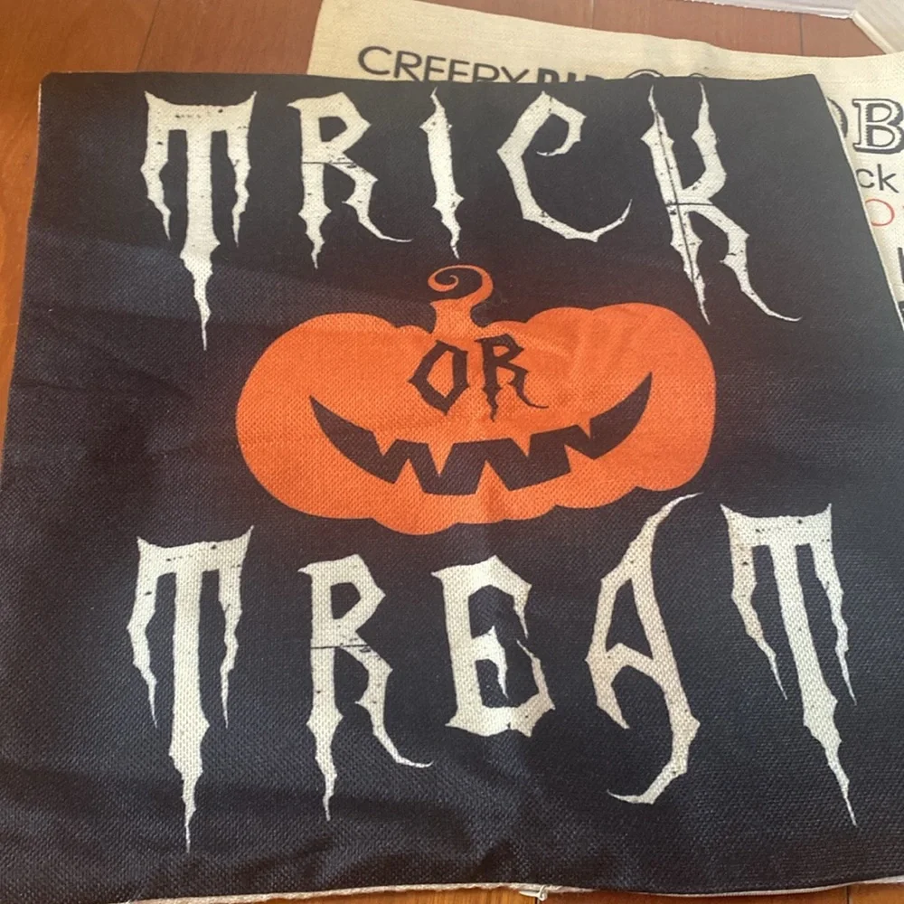 2 Halloween Trick or Treat pumpkin Pillow Covers shams hidden zipper 17x17”